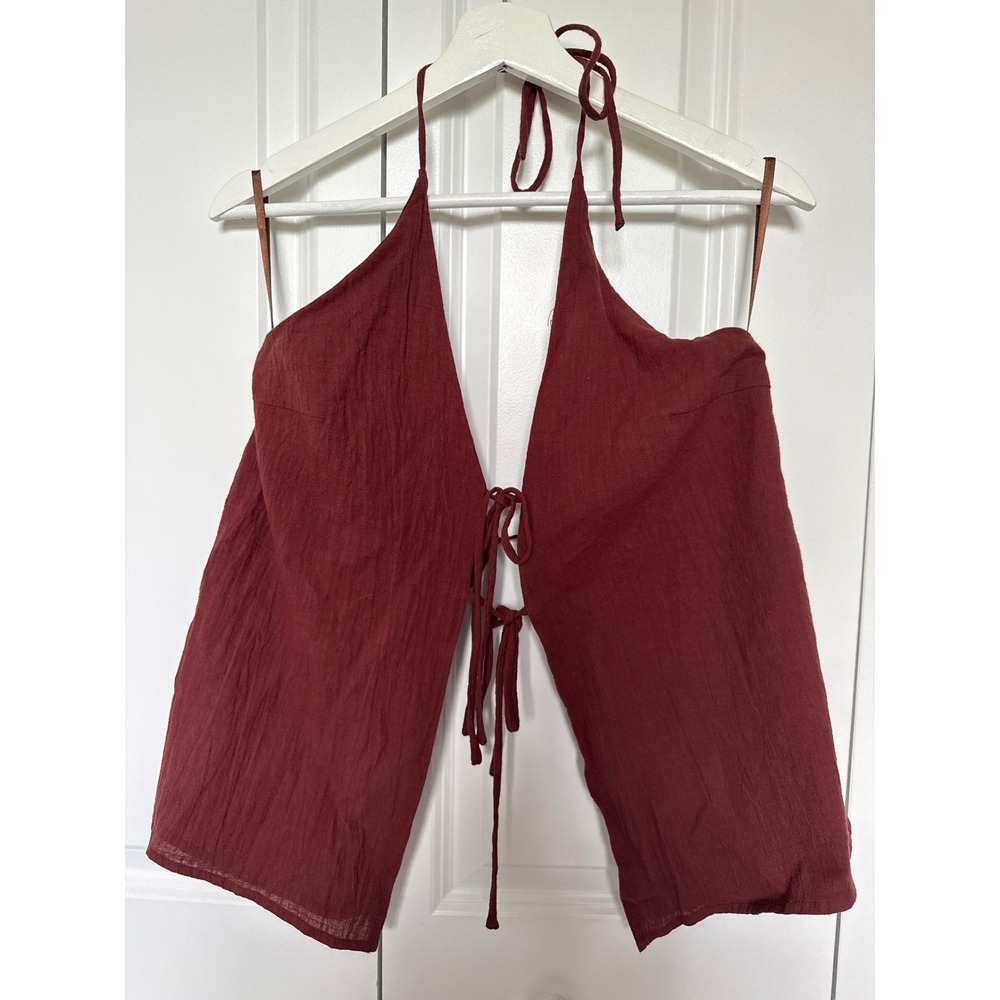Seven Wonders Burgundy Cotton Halter Tie Front Open Back Crop Top Small